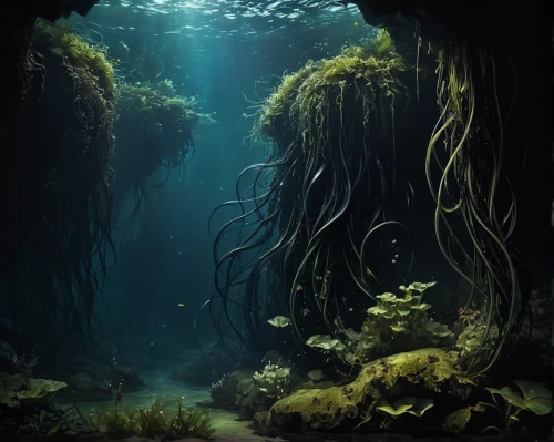 underwater landscape,deep sea,undersea,ocean underwater,underwater background,ocean floor,seabed,seamount,underwater oasis,kelp,aquatic plants,underground lake,the bottom of the sea,underwater world,sea life underwater,sea cave,bottom of the sea,under sea,underwater,sea trenches,Conceptual Art,Fantasy,Fantasy 11