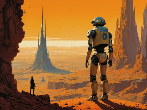 droids,droid,futuristic landscape,sci fiction illustration,sci fi,sci-fi,sci - fi,cg artwork,barren,earth rise,scifi,exploration,red planet,science fiction,sentinel,colony,guards of the canyon,alien planet,martian,valerian,Conceptual Art,Sci-Fi,Sci-Fi 17