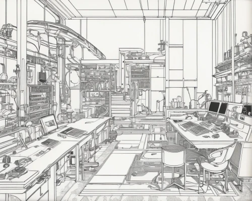 laboratory,chemical laboratory,apothecary,workspace,workbench,working space,sewing room,chemist,study room,workroom,lab,office line art,watchmaker,frame drawing,pharmacy,laboratory information,sewing factory,kitchen shop,computer room,work space,Illustration,Black and White,Black and White 24