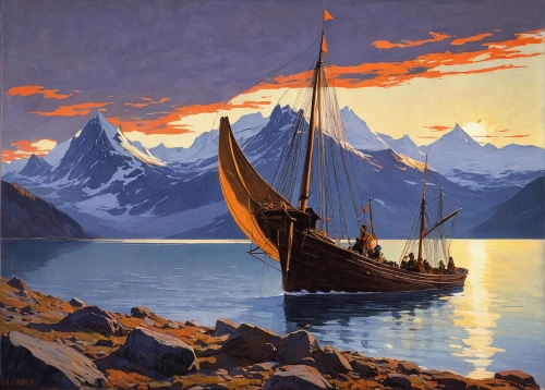 nordland,fjord,fjords,baffin island,hurtigruten,talahi,boat landscape,viking ship,sailer,olle gill,sognefjord,raftsundet,viking ships,graeme strom,sailing-boat,thermokarst,sailing vessel,sailing ship,sea sailing ship,caravel,Art,Classical Oil Painting,Classical Oil Painting 12