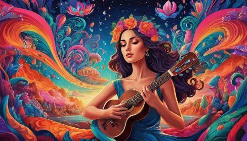 psychedelic art,musician,mandolin,guitar,woman playing violin,woman playing,serenade,concert guitar,cavaquinho,ukulele,musicians,guitar player,violin woman,musical background,music,folk music,mandolin mediator,art bard,music background,saraswati veena,Illustration,Realistic Fantasy,Realistic Fantasy 39