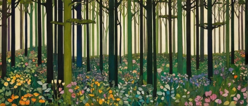 cartoon forest,bluebells,meadow and forest,birch forest,forest landscape,the forest,forest glade,wild tulips,tree grove,mixed forest,forest of dreams,fairy forest,forest background,the forests,forest,forest floor,woodland,row of trees,copse,the woods,Illustration,Retro,Retro 05