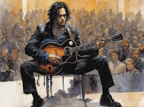 jazz guitarist,the room,epiphone,concert guitar,john lennon,keith richards,johnnycake,gibson,mandolin,guitar player,classical guitar,guitarist,high fidelity,acoustic-electric guitar,guitar solo,painted guitar,mick,keith-albee theatre,acoustic guitar,violone,Illustration,Paper based,Paper Based 05