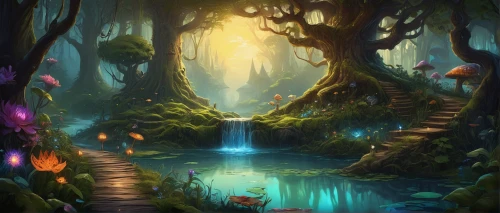 fairy forest,fantasy landscape,fairy village,fairy world,druid grove,enchanted forest,elven forest,fairytale forest,fantasy picture,mushroom landscape,cartoon video game background,forest glade,the mystical path,forest landscape,forest path,the brook,the forest,forest of dreams,fantasy art,cartoon forest,Illustration,American Style,American Style 01