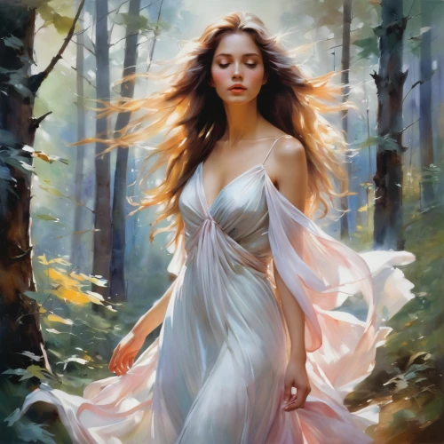 faerie,dryad,faery,fantasy art,ballerina in the woods,mystical portrait of a girl,fantasy picture,fantasy portrait,girl in a long dress,the enchantress,birch forest,celtic woman,romantic portrait,world digital painting,fantasy woman,sweet birch,forest background,light bearer,fairy queen,sorceress,Conceptual Art,Oil color,Oil Color 03