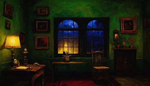 the little girl's room,a dark room,consulting room,doctor's room,study room,victorian,blue room,john atkinson grimshaw,witch's house,danish room,absinthe,house painting,dining room,sitting room,children's bedroom,bram stoker,wade rooms,victorian style,children's room,bedroom,Art,Artistic Painting,Artistic Painting 31