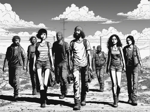 thewalkingdead,the walking dead,walking dead,walkers,dead earth,post apocalyptic,apocalyptic,wasteland,angels of the apocalypse,zombies,a3 poster,post-apocalyptic landscape,post-apocalypse,concept art,group of people,the dawn family,cd cover,arid land,background image,album cover,Illustration,Black and White,Black and White 16