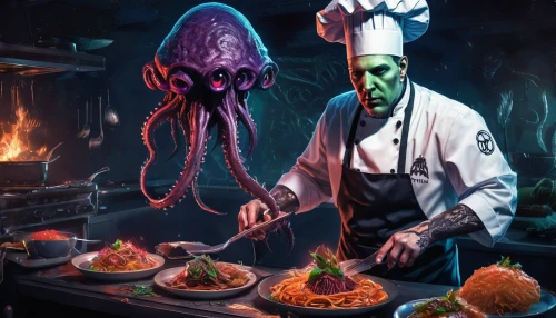 chef,cooking book cover,calamari,men chef,culinary art,cookery,food and cooking,chefs,dark mood food,chef hat,chefs kitchen,cooks,gastronomy,cooking show,fine dining restaurant,red cooking,cuisine,chef hats,restaurants online,star kitchen,Illustration,Realistic Fantasy,Realistic Fantasy 47