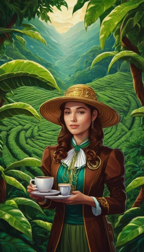 coffee tea illustration,tea field,tea garden,tea plantations,woman drinking coffee,vietnamese lotus tea,tea plantation,ceylon tea,vietnamese woman,coffee background,coffee plantation,tea plant,tea zen,vietnam,heart tea plantation,maojian tea,dianhong tea,darjeeling tea,kopi luwak,arabica,Illustration,Realistic Fantasy,Realistic Fantasy 45