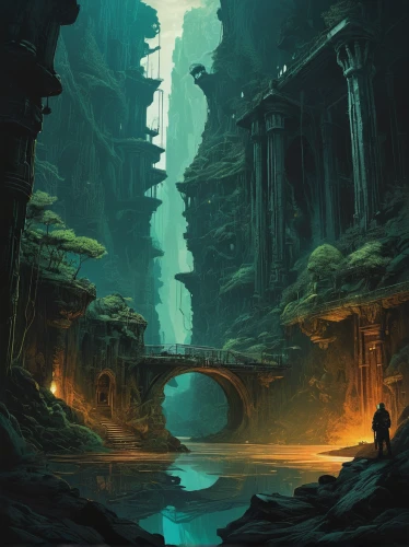 fantasy landscape,ancient city,futuristic landscape,chasm,cave on the water,dungeons,hollow way,world digital painting,narrows,underground lake,canyon,devil's bridge,the mystical path,fantasy art,fantasy picture,guards of the canyon,imperial shores,hall of the fallen,dungeon,3d fantasy,Conceptual Art,Sci-Fi,Sci-Fi 05