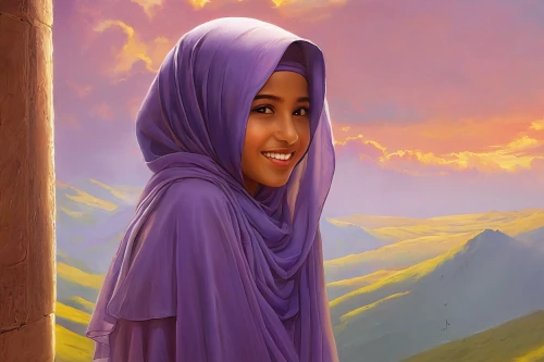 islamic girl,muslim woman,hijab,hijaber,muslima,a girl's smile,arabian,purple background,bedouin,rapunzel,arabic background,arab,muslim background,portrait background,oil painting on canvas,world digital painting,la violetta,ramadan background,abaya,fatima,Conceptual Art,Fantasy,Fantasy 28