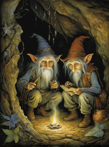 gnomes,three wise men,the three wise men,scandia gnomes,gnomes at table,elves,the three magi,druids,dwarves,wizards,dwarfs,druid grove,hanging elves,wise men,gnome,cauldron,arrowroot family,three kings,witches,gandalf,Illustration,Realistic Fantasy,Realistic Fantasy 14