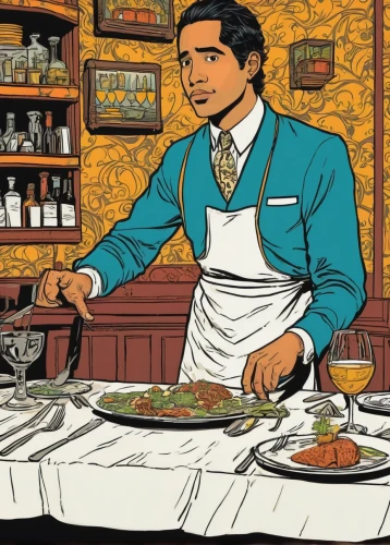 waiter,chef's uniform,restaurants online,black businessman,cuisine of madrid,caterer,cuisine classique,placemat,sicilian cuisine,men chef,bartender,retro 1950's clip art,david bates,viennese cuisine,bistro,soda fountain,vintage illustration,gastronomy,catering,absinthe,Illustration,Vector,Vector 15