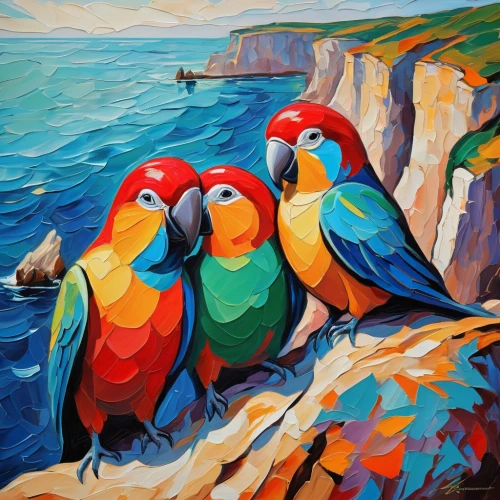 colorful birds,tropical birds,parrots,puffins,sea birds,macaws of south america,group of birds,rare parrots,passerine parrots,seabirds,macaws,bird painting,pelicans,toucans,parrot couple,wild birds,couple macaw,key birds,birds of the sea,blue macaws,Conceptual Art,Oil color,Oil Color 24