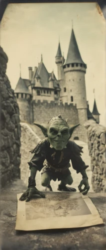 yoda,vintage halloween,goblin,kobold,vintage post card,wallace's flying frog,castleguard,vintage photo,scandia gnome,dracula castle,old post card,fgoblin,wind-up toy,vintage french postcard,bran castle,haunted castle,vintage background,frog figure,vintage art,prymulki,Photography,Documentary Photography,Documentary Photography 03