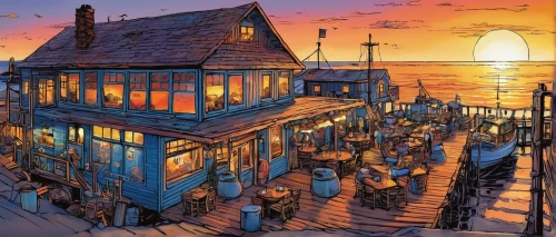 fishing village,floating huts,wooden houses,stilt houses,fisherman's house,seaside resort,beach restaurant,house of the sea,wharf,popeye village,watercolor cafe,houseboat,fish market,harbor,half-timbered houses,tavern,boardwalk,watercolor shops,fisherman's hut,boat yard,Conceptual Art,Fantasy,Fantasy 08