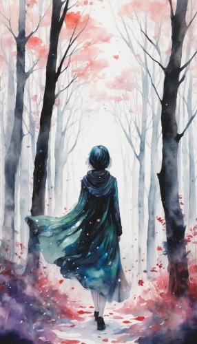 fallen petals,watercolor background,wanderer,cloak,fallen leaves,the wanderer,forest of dreams,way of the roses,winter dream,falling on leaves,fae,winterblueher,howl,wander,scythe,the autumn,eternity,forest walk,forest background,tale,Illustration,Paper based,Paper Based 20