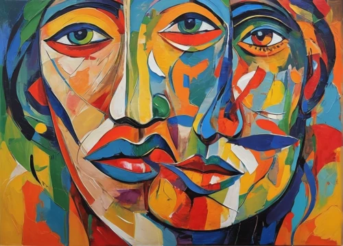 multicolor faces,woman's face,faces,woman face,woman thinking,women's eyes,two people,cool pop art,oil painting on canvas,man and woman,face portrait,split personality,cubism,art painting,face,strokes,astonishment,art exhibition,oil on canvas,psychedelic art,Conceptual Art,Oil color,Oil Color 24