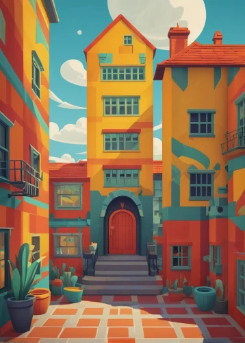 colorful city,townhouses,apartment house,blocks of houses,apartment block,apartment complex,saturated colors,apartment building,an apartment,roofs,riad,escher village,warm colors,fantasy city,red place,beautiful buildings,rescue alley,neighborhood,resort town,houses,Art,Artistic Painting,Artistic Painting 50