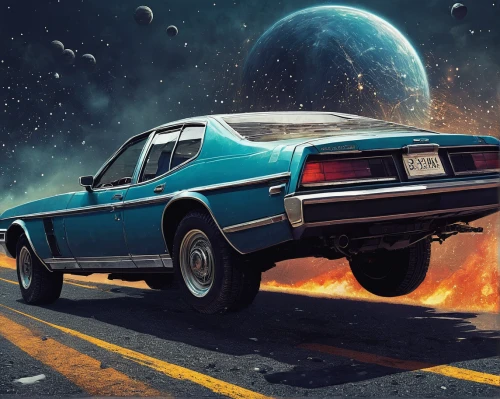 moon car,3d car wallpaper,ford granada,sci fiction illustration,retro vehicle,space art,asteroid,comet,abduction,gas planet,velocity,guardians of the galaxy,amc eagle,asteroids,ford galaxie,drive,meteor,ford pinto,valerian,pontiac ventura,Conceptual Art,Oil color,Oil Color 17