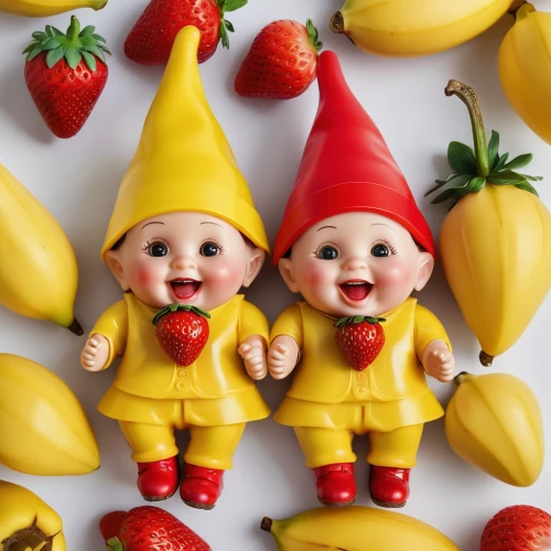 kewpie dolls,marzipan figures,kewpie doll,gnomes,scandia gnomes,banana family,superfruit,pome fruit family,acerola family,valentine gnome,baby food,gnomes at table,fruit slices,children toys,gnome,red yellow,salt and pepper shakers,wooden toys,miniature figures,doll figures,Photography,General,Natural
