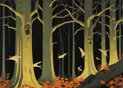 halloween bare trees,autumn forest,haunted forest,deciduous forest,cartoon forest,the forest,fairy forest,tree grove,forest animals,enchanted forest,forest,autumn trees,halloween owls,beech trees,row of trees,forest glade,forest mushrooms,the forests,the woods,forest of dreams,Illustration,Retro,Retro 15