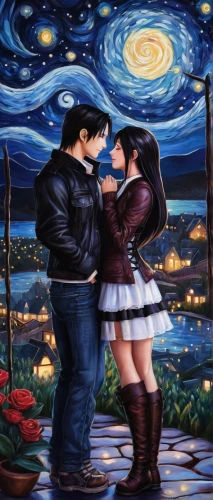 romantic scene,chalk drawing,oil painting on canvas,fantasy picture,the moon and the stars,art painting,indigenous painting,dancing couple,honeymoon,romantic night,oil on canvas,sci fiction illustration,shepherd romance,starry night,glass painting,romance novel,a fairy tale,romantic,night scene,celestial bodies,Conceptual Art,Daily,Daily 34
