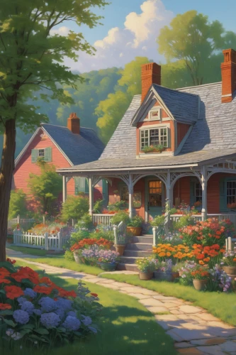 summer cottage,country cottage,home landscape,country estate,country house,cottage,cottage garden,house painting,new england style house,victorian house,brick house,farm house,beautiful home,little house,flower shop,farmstead,cottages,farmhouse,homestead,spring garden,Art,Classical Oil Painting,Classical Oil Painting 15