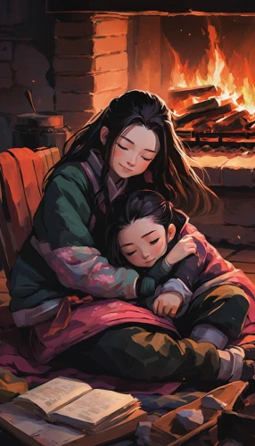 warmth,warm and cozy,little girl and mother,warming,warm heart,fireside,little girl reading,warm,log fire,cuddled up,children studying,comfort,mother with child,little boy and girl,sleeping,yunnan,cuddling,blanket,nomadic children,mother and child,Conceptual Art,Oil color,Oil Color 01