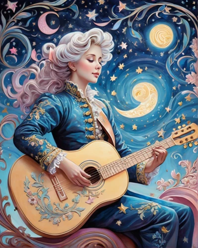 painted guitar,guitar,violinist violinist of the moon,cavaquinho,classical guitar,guitar player,art bard,musician,harmonia macrocosmica,bouzouki,mozartkugel,playing the guitar,bard,mandolin,serenade,woman playing violin,woman playing,concert guitar,guitarist,jazz guitarist,Conceptual Art,Fantasy,Fantasy 24