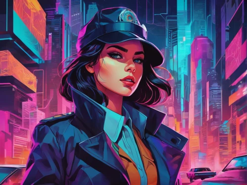 policewoman,traffic cop,officer,police hat,cyberpunk,detective,police officer,sci fiction illustration,retro woman,policeman,inspector,pilot,retro girl,police,colorful city,transistor,investigator,cops,cyber,city trans,Conceptual Art,Daily,Daily 21