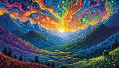 psychedelic art,fire mountain,mountain sunrise,fire in the mountains,volcano,pachamama,lsd,eruption,valley of the moon,the spirit of the mountains,himalaya,northen lights,stratovolcano,high mountains,psychedelic,rainbow waves,solar eruption,volcanism,volcanos,cascades,Illustration,Black and White,Black and White 06