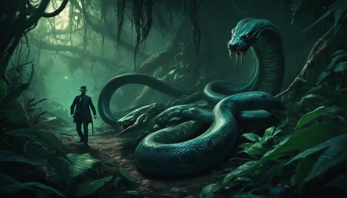 serpent,blue snake,black mamba,anaconda,cobra,king cobra,emperor snake,basilisk,green snake,venomous snake,komodo,python,sci fiction illustration,quetzal,snake,green mamba,cg artwork,encounter,emerald lizard,snake's head,Illustration,Realistic Fantasy,Realistic Fantasy 47