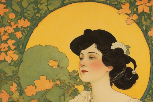 mucha,orange blossom,art deco woman,charlotte cushman,yellow wallpaper,art nouveau,vintage illustration,girl in flowers,kate greenaway,girl in a wreath,rose woodruff,art nouveau design,yellow peach,ginko,girl in the garden,marigold,eurema lisa,bibernell rose,jasmine blossom,gingko,Illustration,Retro,Retro 07