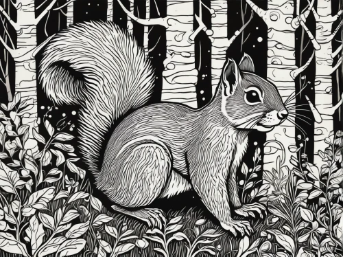grey squirrel,gray squirrel,red squirrel,eastern gray squirrel,abert's squirrel,tree squirrel,squirrel,forest animal,eurasian squirrel,fox squirrel,the squirrel,chipping squirrel,douglas' squirrel,eurasian red squirrel,squirrels,woodland animals,birch tree illustration,atlas squirrel,squirell,line art animals,Illustration,Black and White,Black and White 21