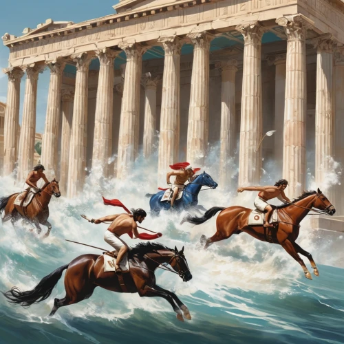 chariot racing,steeplechase,pentathlon,motor boat race,parthenon,the parthenon,horse racing,athenian,horse race,regatta,waterskiing,hellas,cross-country equestrianism,endurance riding,hellenistic-era warships,greek mythology,skijoring,neoclassical,bay horses,hellenic,Art,Classical Oil Painting,Classical Oil Painting 02