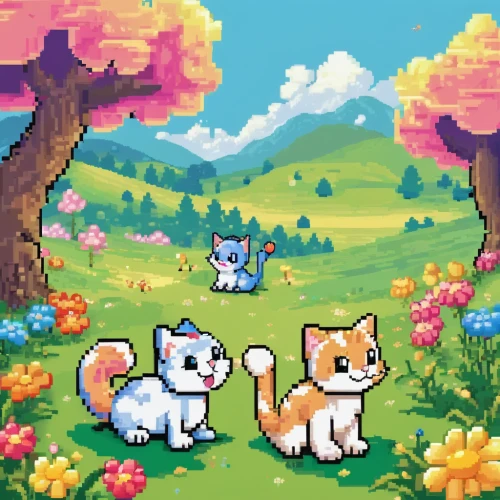 dog - cat friendship,springtime background,pixel art,spring background,foxes,cats playing,color dogs,corgis,dog and cat,facebook pixel,two cats,flower cat,flower background,two running dogs,two dogs,playing puppies,kawaii animals,pixel,playing dogs,doggies,Unique,Pixel,Pixel 02