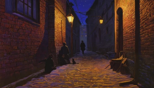 the cobbled streets,medieval street,narrow street,alley,old linden alley,night scene,alleyway,cobblestone,cobblestones,delft,night snow,bremen town musicians,cobbles,cobble,in the evening,street scene,midnight snow,blind alley,gas lamp,at night,Art,Classical Oil Painting,Classical Oil Painting 27