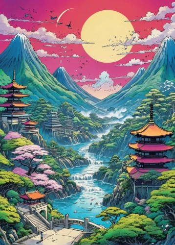 japan landscape,japanese mountains,japan,japanese background,kyoto,temples,shirakami-sanchi,cool woodblock images,mountain scene,tsukemono,mountainous landscape,mountain landscape,japanese art,japanese waves,bird kingdom,fantasy city,剣岳,芦ﾉ湖,fantasy landscape,landscape background,Illustration,Japanese style,Japanese Style 04