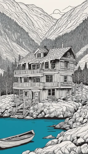 whistler,ketchikan,rippon,floating huts,boathouse,fisherman's house,cool woodblock images,carcross,house by the water,house with lake,boat house,lake minnewanka,houseboat,tofino,mountain huts,log home,coloring for adults,hand-drawn illustration,ushuaia,british columbia,Illustration,Children,Children 06