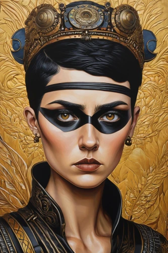 cleopatra,ancient egyptian girl,athena,golden mask,gold mask,thracian,warrior woman,chinese art,mary-gold,gold crown,golden crown,gold leaf,gold paint stroke,gilding,oil painting on canvas,gold lacquer,oriental princess,artemisia,lycaenid,female warrior,Illustration,Abstract Fantasy,Abstract Fantasy 12