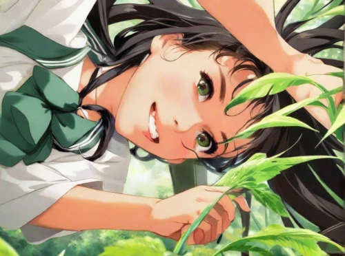 girl lying on the grass,hinata,natura,green summer,studio ghibli,flora,girl in the garden,青龙菜,girl picking flowers,green living,green background,green wallpaper,grass lily,lily of the field,background ivy,greenery,gardening,photosynthesis,marie leaf,grass blossom