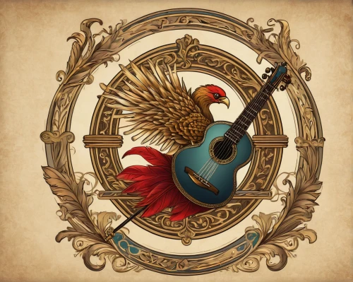 bard,harp of falcon eastern,ornamental bird,vintage rooster,celtic harp,songbirds,acoustic guitar,classical guitar,art bard,wind rose,songbird,lyre,heraldic shield,acoustic-electric guitar,painted guitar,heraldic,banjo guitar,phoenix rooster,music instruments,folk music,Art,Classical Oil Painting,Classical Oil Painting 17