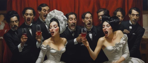 the illusion,optical ilusion,split personality,surrealism,audience,cabaret,mafia,photomontage,self-deception,social distancing,astonishment,repetition,popular art,dualism,illusion,oil painting on canvas,art painting,callas,affair,meticulous painting,Illustration,Realistic Fantasy,Realistic Fantasy 07