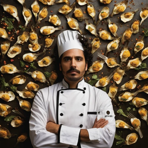 chef's uniform,men chef,chef,oysters rockefeller,sicilian cuisine,chef hat,chef hats,bocconcini,chef's hat,insalata caprese,caprese,caterer,grilled mussels,cuisine of madrid,mediterranean cuisine,cooking book cover,pastry chef,burrata,farro,tortelloni,Illustration,Realistic Fantasy,Realistic Fantasy 09