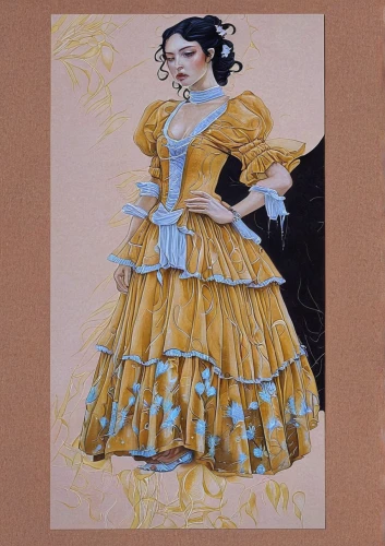 hoopskirt,crinoline,vintage drawing,flamenco,vintage print,quinceañera,fashion illustration,vintage paper doll,victorian lady,fabric painting,colored pencil,colour pencils,color pencils,colored pencils,costume design,folk costume,overskirt,coloured pencils,colored pencil background,ball gown,Illustration,Realistic Fantasy,Realistic Fantasy 07