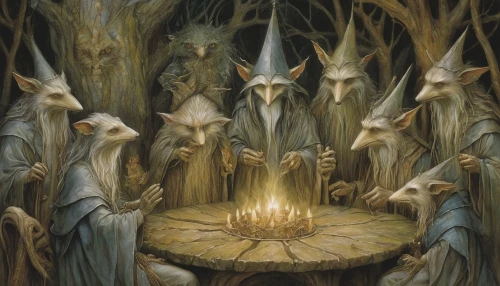 druids,angel trumpets,angel's trumpets,elves,candlemaker,wizards,clergy,celebration of witches,hanging elves,druid grove,the pied piper of hamelin,paganism,staves,candlemas,monks,torches,witches,walpurgis night,trumpets,the order of the fields,Illustration,Realistic Fantasy,Realistic Fantasy 14