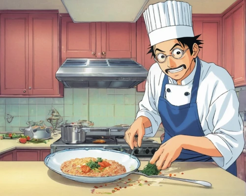 cooking show,men chef,chef,teppanyaki,cooking,cookery,tsumugi kotobuki k-on,cook,chef hat,cook ware,pilaf,food and cooking,sakana,cooktop,cooks,making food,cooking book cover,katsudon,cooking vegetables,sauce pan,Illustration,Japanese style,Japanese Style 05