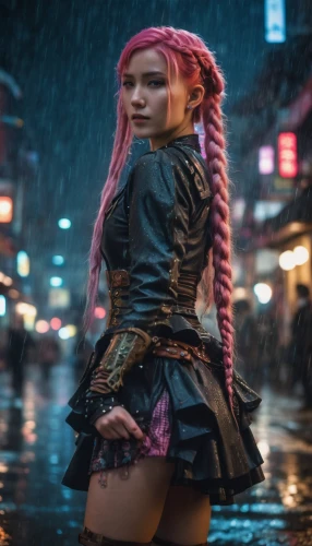 cyberpunk,in the rain,walking in the rain,pink hair,neo-burlesque,rain pants,harajuku,poison,rainy,rain suit,punk,streampunk,monsoon banner,umbrella,raindops,raincoat,grunge,asian umbrella,wet girl,rockabella,Photography,General,Cinematic