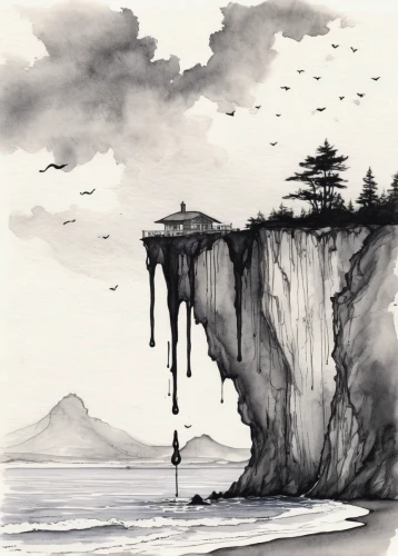 cliffs,cliffs ocean,the cliffs,cliff top,island suspended,ruby beach,cliff coast,limestone cliff,cliff face,cliff,sea caves,falls of the cliff,sea stack,bird island,ink painting,imperial shores,coastal landscape,erosion,an island far away landscape,floating island,Illustration,Black and White,Black and White 34